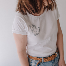 Load image into Gallery viewer, Doubt Shmout Scoop Neck Tee with Rolled Sleeves